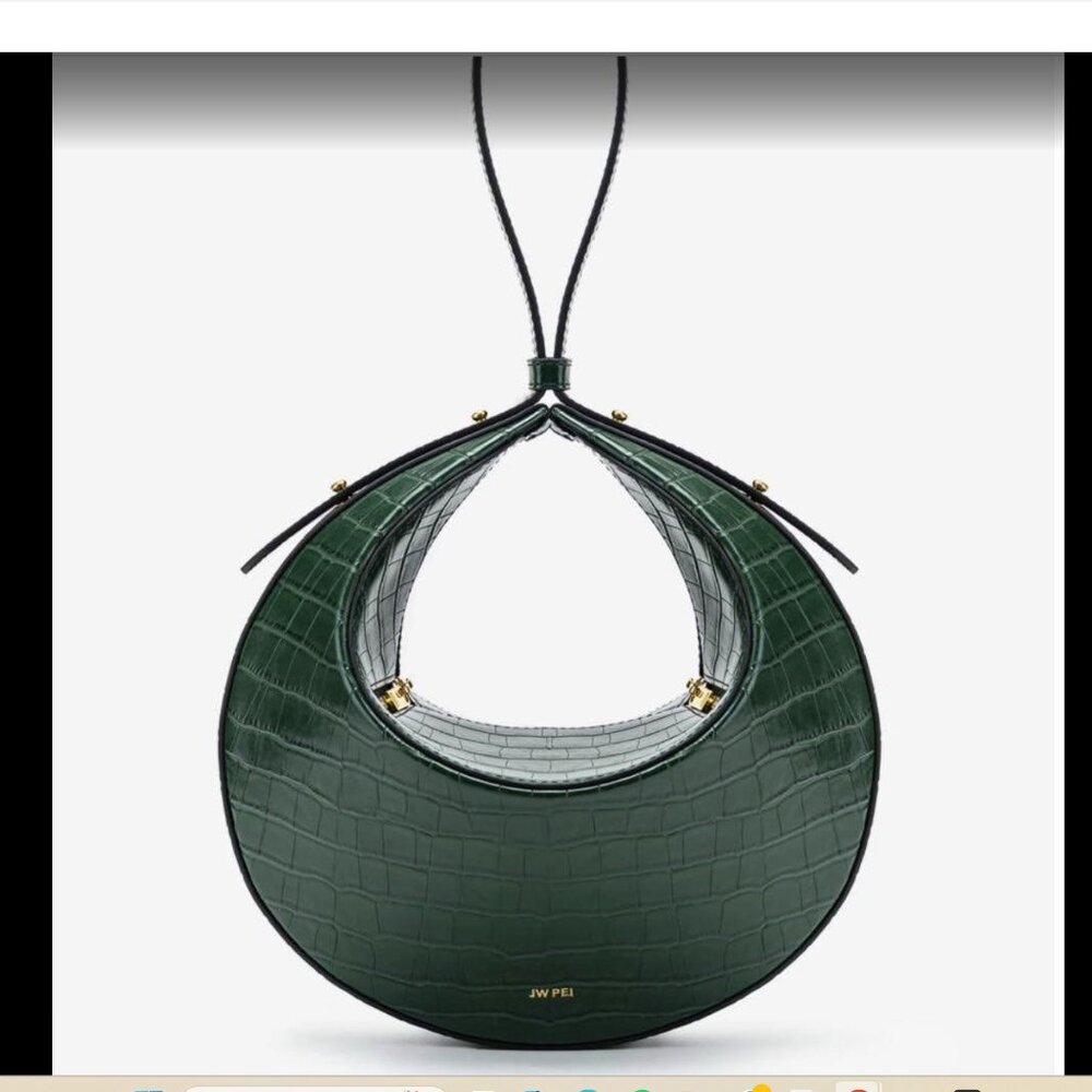 JW PEI Dark Green Croc-Embossed Round Rantan Bag